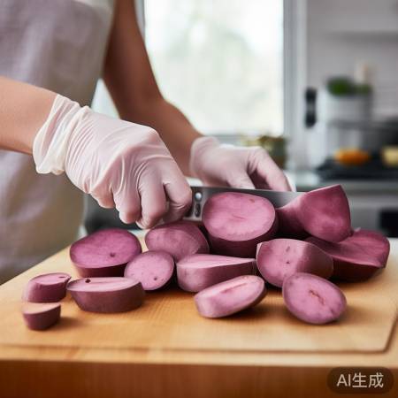 “戴手套切紫薯”