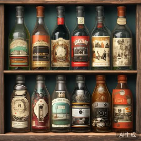 复古酒瓶贴，怀旧符号风